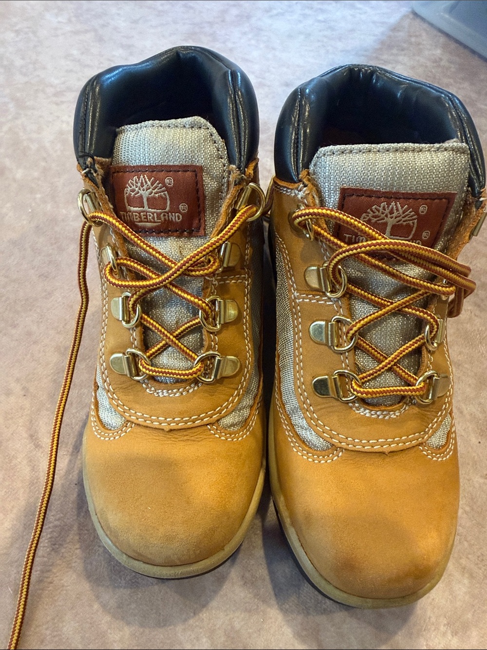 Timberland Kids Tan Leather Hiking Boots with Black Collar